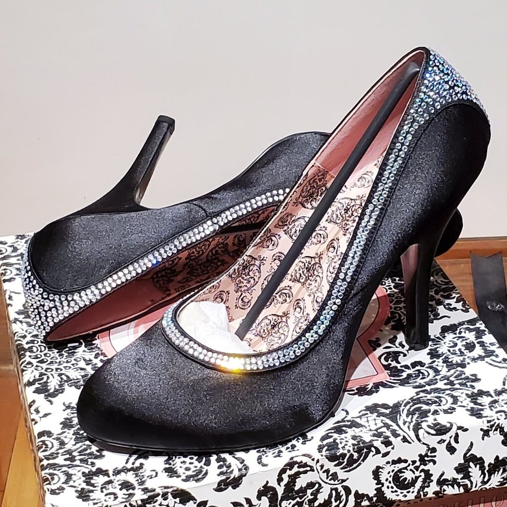 Black high heel stiletto shoes with rhinestone